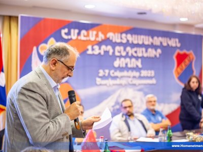 «ՀՄԸՄ-ի 13-րդ Պատգամաւորական Ժողովը Անգամ Մը Եւս Ուխտեց, Այս Պարագային Արցախի Համար, Որ ՀՄԸՄ-ականներ Արցախի Դրօշը, Պեճերը Կրելով` Ժողովուրդին Պիտի Յիշեցնեն, Թէ` Ազատ, Անկախ Եւ Ամբողջական Հայաստանի Երազ Մը Կայ, Որ Պէ՛տք Է Իրականանայ» «Ազդակ»-ին Հաստատեց Յակոբ Խաչերեան